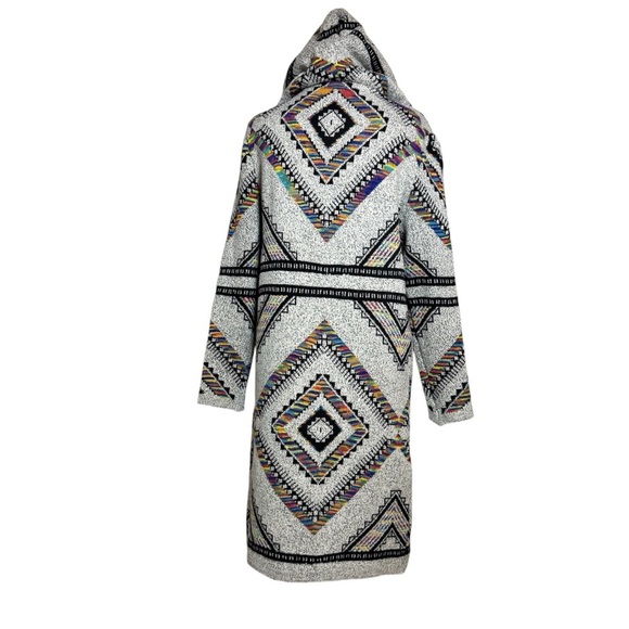On Blue Hooded Duster Cardigan Sweater Aztec Bohemian Festival Colorful Print - Picture 2 of 7